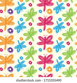 Seamless pattern colorful dragonfly and circle with line style