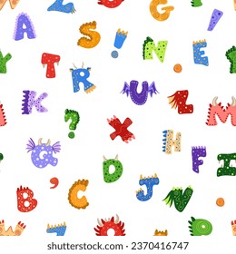 Seamless pattern with colorful dragons letters. Alphabet. Child print for textile, wallpapers, fabric and wrapping paper. Hand drawn vector illustration
