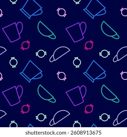 Seamless pattern. Colorful drawing of cups and candies in a linear style on a dark blue background. Vector illustration