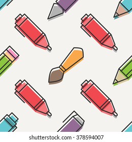 seamless pattern with colorful drawing tools ornament over white background. vector graphic design accessories wallpaper. pen, brush, pencil, marker and ink pen icons