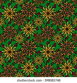 Seamless pattern with colorful drawn mandala flowers