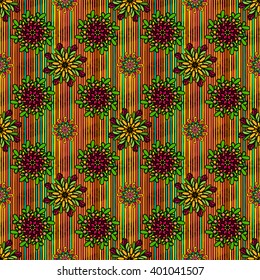 Seamless pattern with colorful drawn mandala flowers