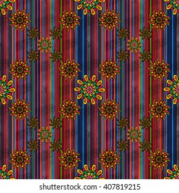 Seamless pattern with colorful drawn mandala flowers
