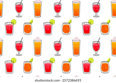 Seamless pattern of colorful drinks in glasses with creative designs