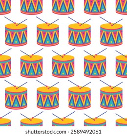 Seamless pattern with colorful drums on white background. Percussion musical instrument. Design for brazil carnival, music festival. Vector flat illustration for wallpaper, textile, packaging