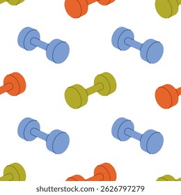 Seamless pattern with colorful dumbbells on white background. Green, blue and orange weight for fitness and sport. Athletic equipment for strength exercises, muscle training. Vector flat illustration