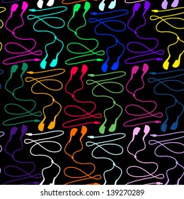 Seamless pattern of colorful earphones on a black background