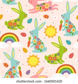 seamless pattern with colorful easter bunnies on pink background - vector illustration, eps    
