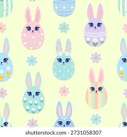 Patrón sin fisuras con coloridos huevos de conejo de Pascua y flores sobre un fondo amarillo