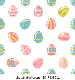 Seamless pattern with colorful Easter colorful eggs in pastel colors. Childish modern style.