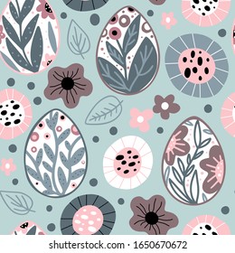 Seamless pattern with colorful Easter eggs and flowers in a blue background. Easter holiday colorful background in a vector.