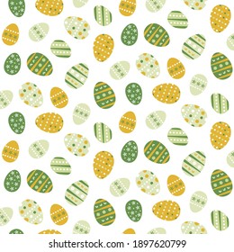 Seamless pattern with colorful Easter eggs in flat style on white background. Festive decoration. Green, gray, golden Easter eggs for holiday decoration.