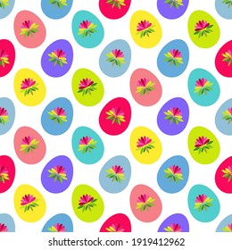 Seamless pattern with colorful Easter eggs. Happy holiday! Vector illustration for web design or print.