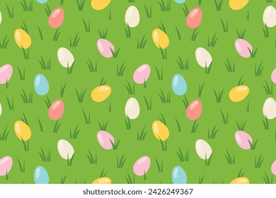 seamless pattern with colorful easter eggs in the grass; top view; concept of egg hunt which is a children game typically played during Easter- vector illustration