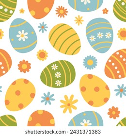 Seamless pattern with colorful easter eggs and flowers. Cute holiday texture. Vector flat illustration on white background