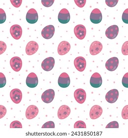 Seamless pattern with colorful easter eggs on white background. Flat vector illustration.