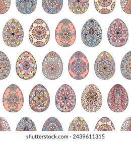 Seamless pattern of colorful Easter eggs with floral patterns, mandala, curls, flowers. Hand drawn spring ornate illustration at Easter, greeting card, wallpaper, wrapping paper, fabric, textile