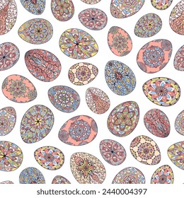 Seamless pattern of colorful Easter eggs with floral patterns, mandala, curls, flowers. Hand drawn spring ornate illustration at Easter, greeting card, wallpaper, wrapping paper, fabric, textile