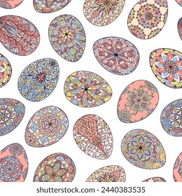 Seamless pattern of colorful Easter eggs with floral patterns, mandala, curls, flowers. Hand drawn spring ornate illustration at Easter, greeting card, wallpaper, wrapping paper, fabric, textile