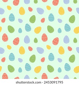 Seamless pattern of colorful Easter eggs with hand-drawn details. Continuous one line drawing. Isolated on green background. Festive design. Easter decoration, wrapping paper, greeting, textile, print