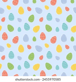 Seamless pattern of colorful Easter eggs with hand-drawn details. Continuous one line drawing. Isolated on blue background. Festive design. Easter decoration, wrapping paper, greeting, textile, print
