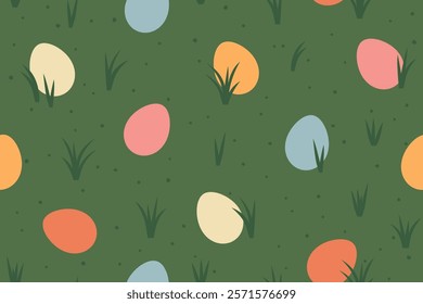 seamless pattern with colorful easter eggs in the grass; concept of egg hunt which is a children game typically played during Easter- vector illustration