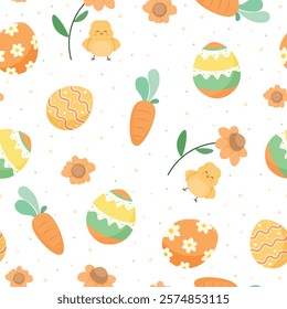 Seamless pattern with colorful Easter eggs, chicken and flowers. Cute holiday texture. Vector flat illustration on white background