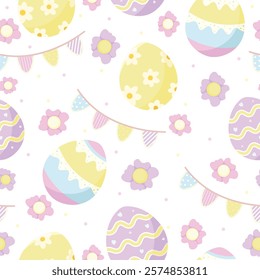 Seamless pattern with colorful Easter eggs and flowers. Cute holiday texture. Vector flat illustration on white background