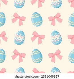 Seamless pattern with colorful easter eggs and pink bows on a light yellow background. Vector editable Easter background.	