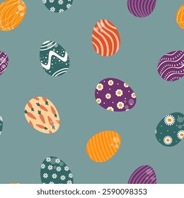 Seamless pattern with colorful Easter eggs. Vector illustration in a flat style.