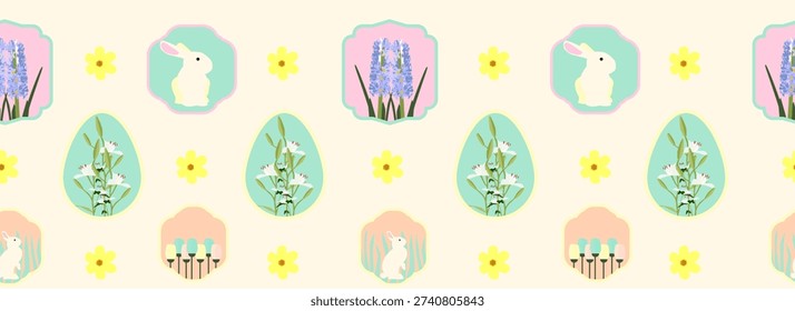 seamless pattern colorful easter eggs. seamless pattern with flowers and rabbits on light egg yellow. hyacinth, lily, tulip and daisy