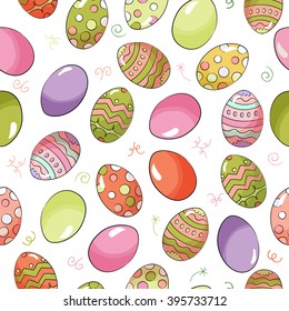 Seamless pattern with colorful easter eggs and doodle elements on white background, vector illustration