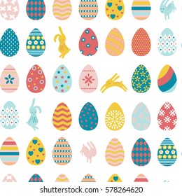 Seamless pattern and colorful Easter eggs   rabbits  Vector illustration 