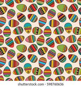 Seamless pattern with colorful Easter eggs on white background. Vector illustration.