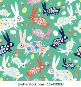 seamless pattern of colorful easter rabbits and eggs