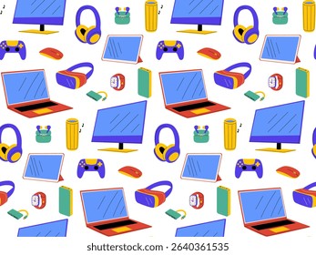 Seamless pattern with colorful electronic gadgets. Vector background for tech design, digital devices, modern technology