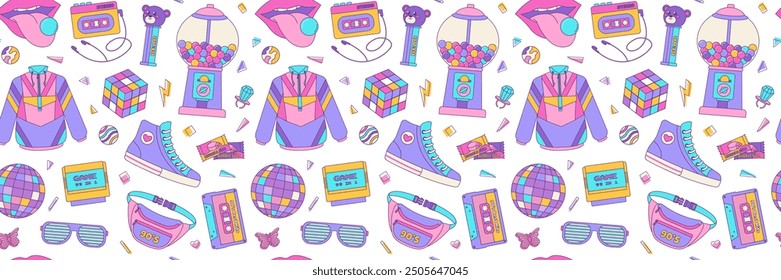 Seamless pattern colorful elements 80s 90s. Disco ball, sunglasses and bubble gum, cassette. Vector background, print, wallpaper