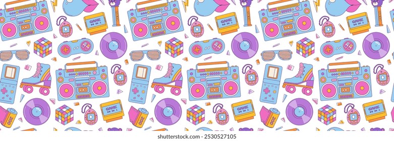 Seamless pattern colorful elements 80s 90s. Bubble gum, roller skates, joystick and cassette. Vector background, print, wallpaper