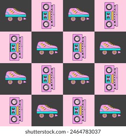 Seamless pattern with colorful elements: boombox and retro roller skates. 