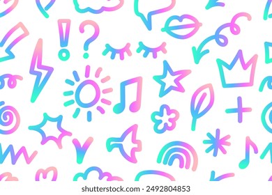 Seamless pattern with colorful elements of holographic colors. Hand drawn doodles. Cute elements sun, crown, star, flower, rainbow, closed eyes, musical notes on white background. Vector