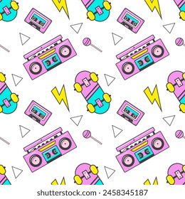 Seamless pattern with colorful elements: skateboard, boombox, lollipop, cassette. Patches, badges, pins, stickers in 80s comic style.