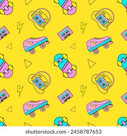 Seamless pattern with colorful elements: skateboard, сassette player, headphones, vintage roller blades. Patches, badges, pins, stickers in 80s comic style.