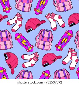 Seamless pattern of colorful elements: skateboard, cap, socks, backpack. Background with patches, badges, pins, stickers in 80s comic style. Hand drawn sketch illustration. 