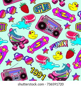 Seamless pattern with colorful elements: skateboard, sunglasses, boombox, rubber duck, vintage roller skates, soda can, etc. Green background with patches, badges, pins, stickers in 80s comic style. 