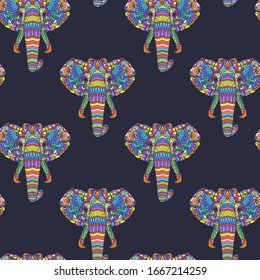 Seamless pattern with colorful elephant heads on a dark background