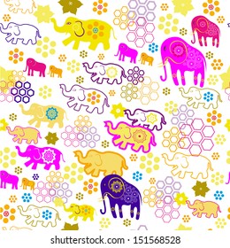 Seamless pattern with colorful elephants