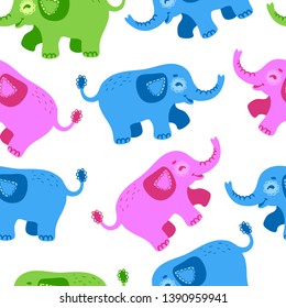 Seamless pattern colorful elephants characters, cute wildlife illustration for children print, poster, card, web. Isolated on white background. Vector