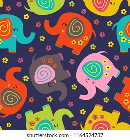 seamless pattern with colorful elephants and flowers - vector illustration, eps