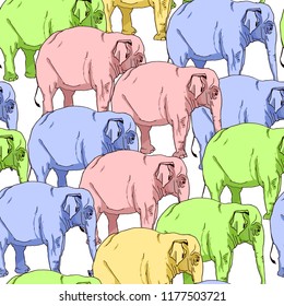 Seamless pattern with colorful elephants isolated on white background. Cartoon elephant background. Wild animals theme. Creative childish texture. Great for fabric print, textile. Vector Illustration