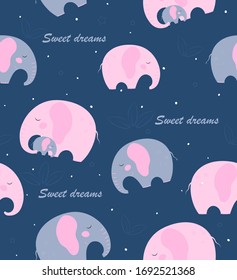 Seamless pattern of colorful elephants on a blue background.